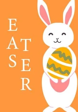 Cute cartoon easter bunny holding decorated egg on orange background Stock Illustration