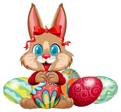 Cute Cartoon Easter Bunny Holding a Colorful Decorated Egg Illustrazione stock