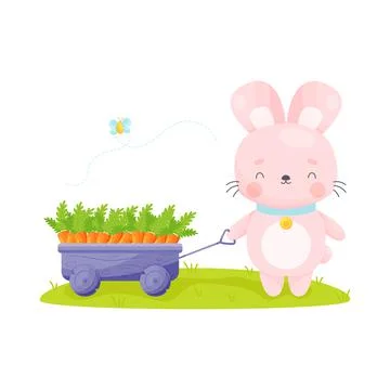 Cute cartoon Easter bunny pulls the cart full of carrots. Vector illustration 스톡 일러스트
