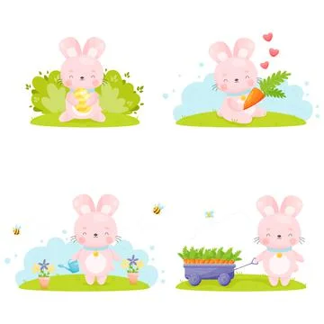 Cute cartoon Easter bunny set. Vector illustration. Stock Illustration