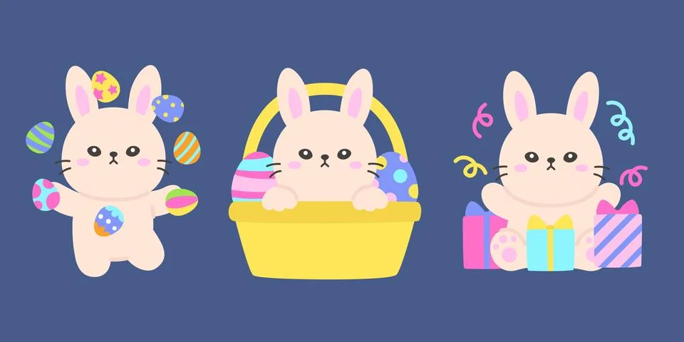 Cute Cartoon Easter Bunny Set with Colorful Eggs, Basket, and Gift Boxes on.. Stock Illustration
