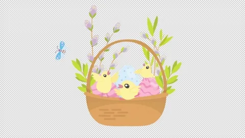Cute cartoon Easter chicks jumping and catching a butterfly animation, , alpha Stock Footage 329923425