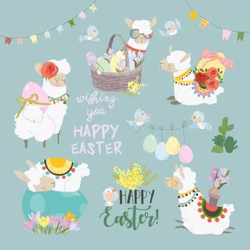 Cute Cartoon Easter Set with Cute Alpacas and Easter Eggs 库存插图