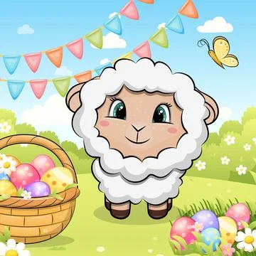 A cute cartoon Easter Sheep with Basket with Easter Eggs. Stock Illustration
