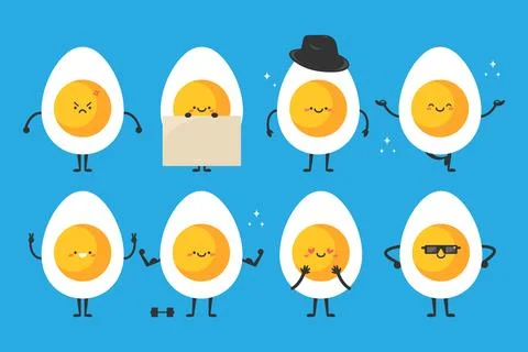 Cute cartoon egg character set. Funny egg mascot collection Stock Illustration