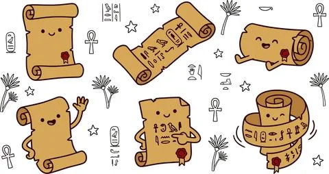 Cute Cartoon Egyptian Papyrus Scrolls with Hieroglyphs and Ancient Symbols. Stock Illustration