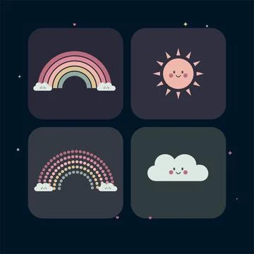 Cute cartoon elements: rainbow, sun, clouds in square frames for kids apps Illustrazione stock