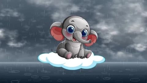 Cute Cartoon Elephant Floating on a Cloud During a Rainstorm Stock Footage 345197761