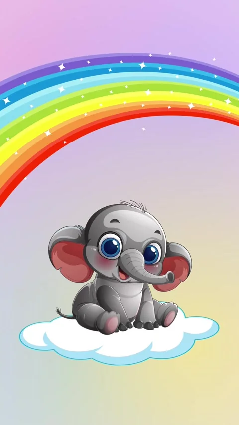 Cute Cartoon Elephant Sitting on Cloud Under Vibrant Rainbow Animation Stock Footage 342314243