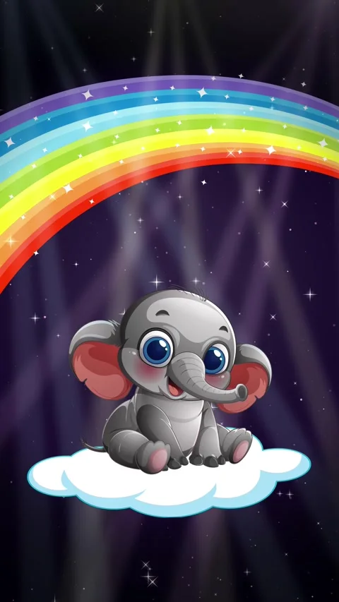 Cute Cartoon Elephant Sitting on Cloud Under Rainbow in Night Sky Stock Footage 344379247