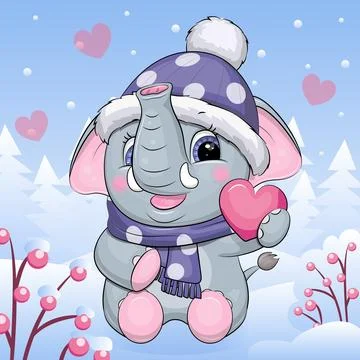 Cute cartoon Elephant in winter. Stock Illustration