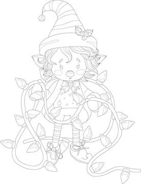Cute cartoon elf with Christmas tree lights garland graphic sketch template. Stock Illustration