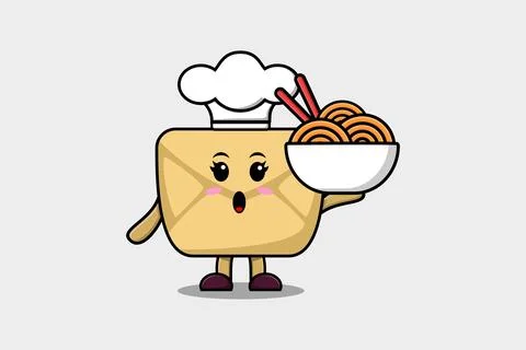 Cute cartoon Envelope chef holding noodles in bowl Stock-Illustration