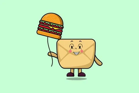 Cute cartoon Envelope floating with burger balloon Stock Illustration