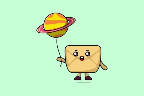 Cute cartoon Envelope floating with planet balloon Stock Illustration