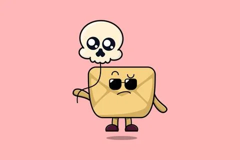 Cute cartoon Envelope floating with skull balloon Stock Illustration