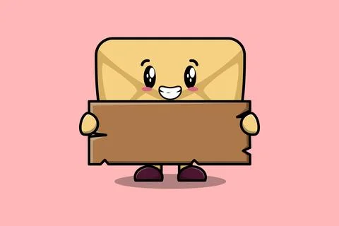 Cute cartoon Envelope hold blank wooden text board Stock Illustration