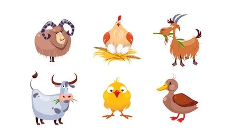 Cute cartoon farm animals set, sheep, hen, goat, cow, duck, vector Illustration Stock Illustration