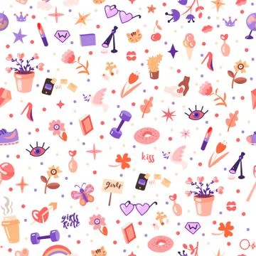 Cute cartoon feministic seamless pattern with girl power and girls rules fashion Stock Illustration