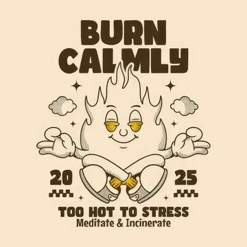 Cute cartoon fire character with text about stress and meditation Stock Illustration