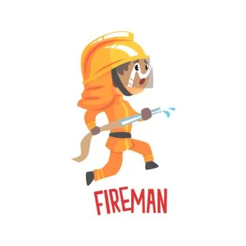 Cute cartoon fireman character using water hose vector Illustration Illustrazione stock