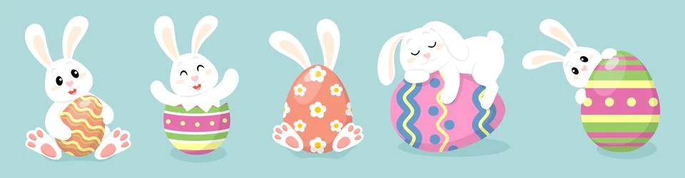 Cute cartoon five white Easter bunnies with colorful Easter eggs Stock Illustration