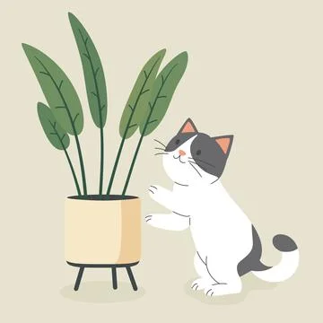 Cute Cartoon Flat Vector Cat Reaching for a Potted Plant. Vector Illustration Illustrazione stock