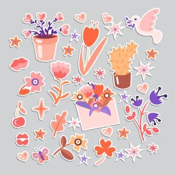 Cute cartoon flower collection, sticker style. Flowers, leaves, cute cacti and Stock Illustration