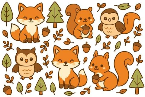 Cute cartoon forest animals fox owl squirrel with autumn leaves and trees Stock Illustration