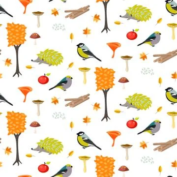 Cute cartoon forest seamless pattern with birds and hedgehogs Illustrazione stock