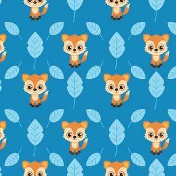Cute Cartoon Fox and Leaf Pattern on Vibrant Blue Background Stock Illustration