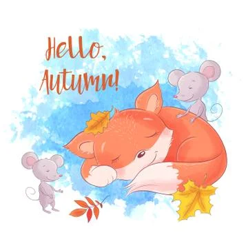 Cute cartoon fox and mouse, autumn, leaves. Stock Illustration
