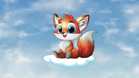 Cute Cartoon Fox Character Floating on a White Cloud in Blue Sky Stock Footage 344518848