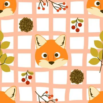 Cute Cartoon Fox Face and Berries Seamless Pattern イラスト素材