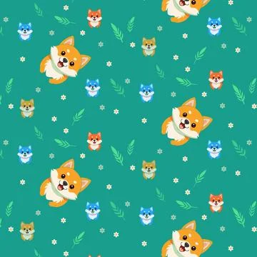 Cute Cartoon Fox Faces and Floral Pattern on Green Background Stock Illustration