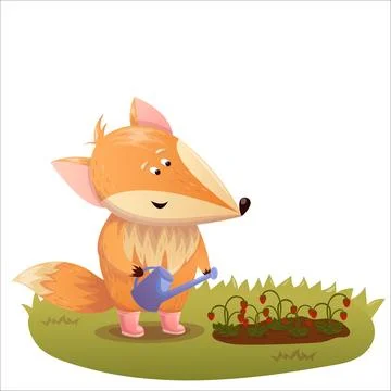A cute cartoon fox grows vegetables. Fox, garden, farmer, growing, farming,.. Stock Illustration