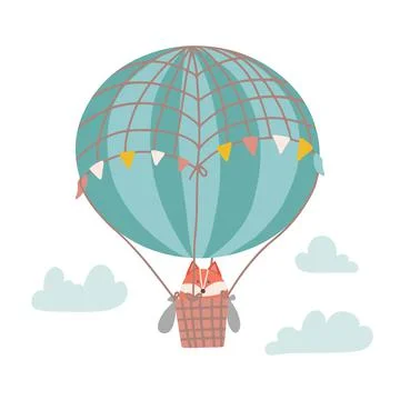 Cute cartoon fox on a hot air balloon in the sky. hildren's illustration in the Stock Illustration
