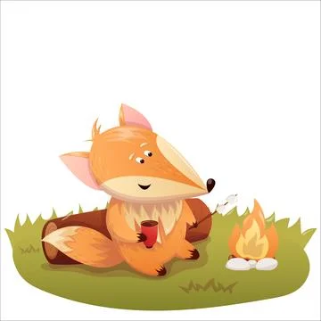 A cute cartoon fox roasting marshmallows over a campfire. Fox, relaxation, .. Stock Illustration