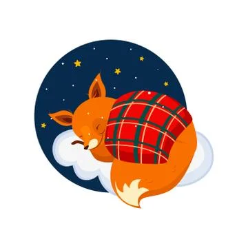 Cute Cartoon Fox Sleeping on a Cloud, Covered with Blanket. Vector Illustration Illustrazione stock