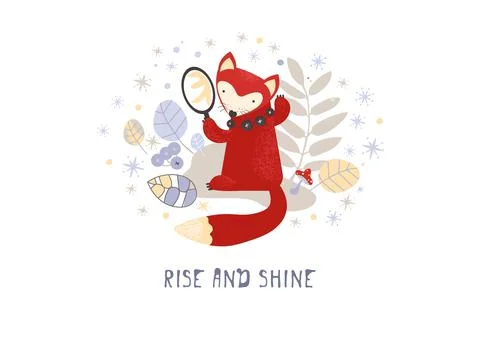 Cute cartoon fox. Small red fox on the background of plants and mushrooms. Baby Stock Illustration