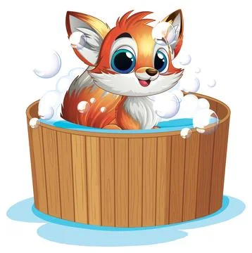 Cute Cartoon Fox Taking a Bubble Bath in a Wooden Tub Stock Illustration