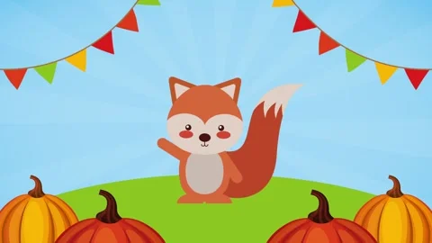 Cute cartoon fox waving hand with pumpkins and festive bunting decoration i.. Stock Footage 339065588