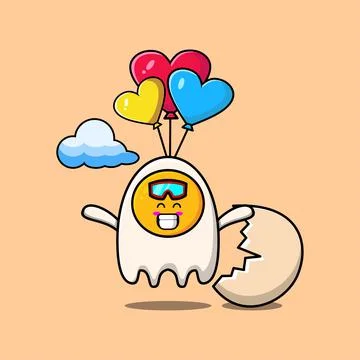 Cute cartoon Fried eggs is skydiving with balloon Stock Illustration