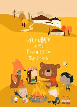 Cute Cartoon Friends sitting around Bonfire in Autumn Forest Stock Illustration