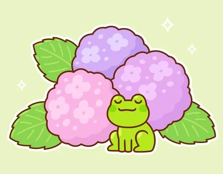 Cute cartoon frog and Hydrangea flowers Stock Illustration