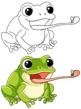 Cute Cartoon Frog Catching a Fly with Long Tongue Vector Illustration Illustrazione stock