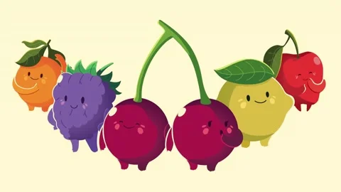 Cute cartoon fruit characters standing together in group including cherries.. Stock Footage 333430506