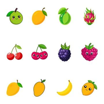 Cute cartoon fruit collection featuring mango banana cherry and other tropi.. Stock Illustration
