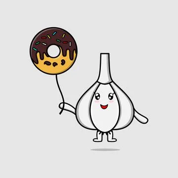Cute cartoon Garlic floating with donuts balloon Illustrazione stock