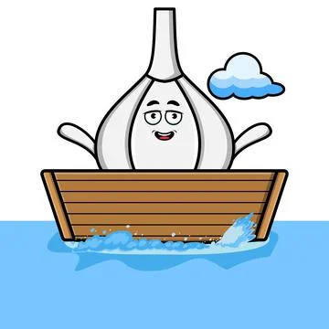 Cute cartoon Garlic get on boat Stock Illustration